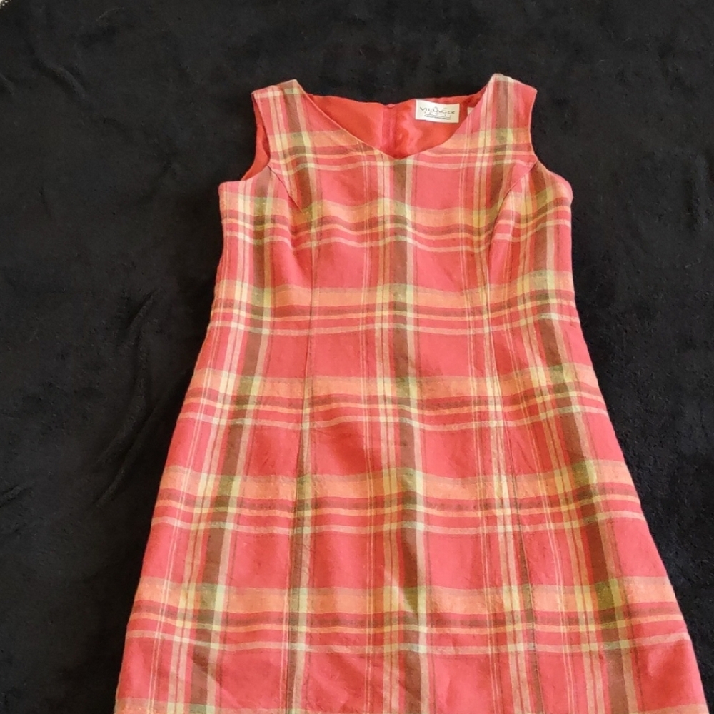 Villager Coral Plaid Sleeveless Mini Dress with Cream Accents